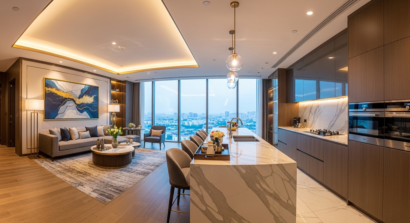 Phòng bếp nhà mẫu dự án Rivea Residences