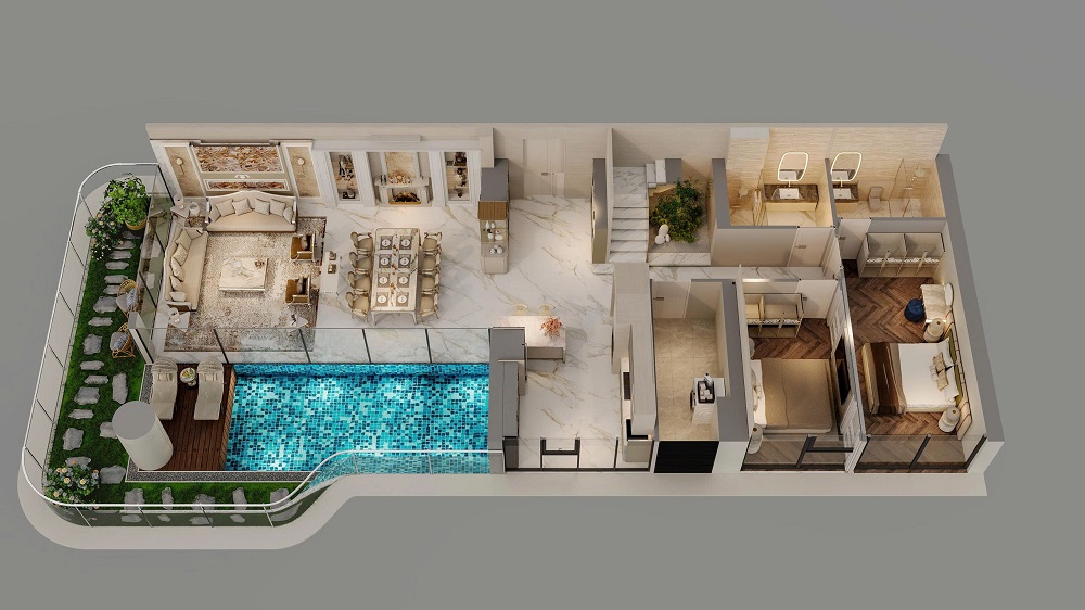 Thiết kế căn hộ 2+ phòng ngủ Rivea Residences