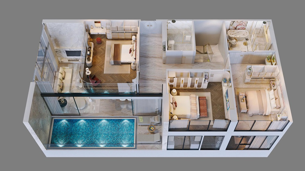 Thiết kế căn hộ 3 phòng ngủ Rivea Residences