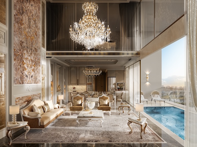 Thiết kế phòng khách view hồ bơi tại Rivea Residences